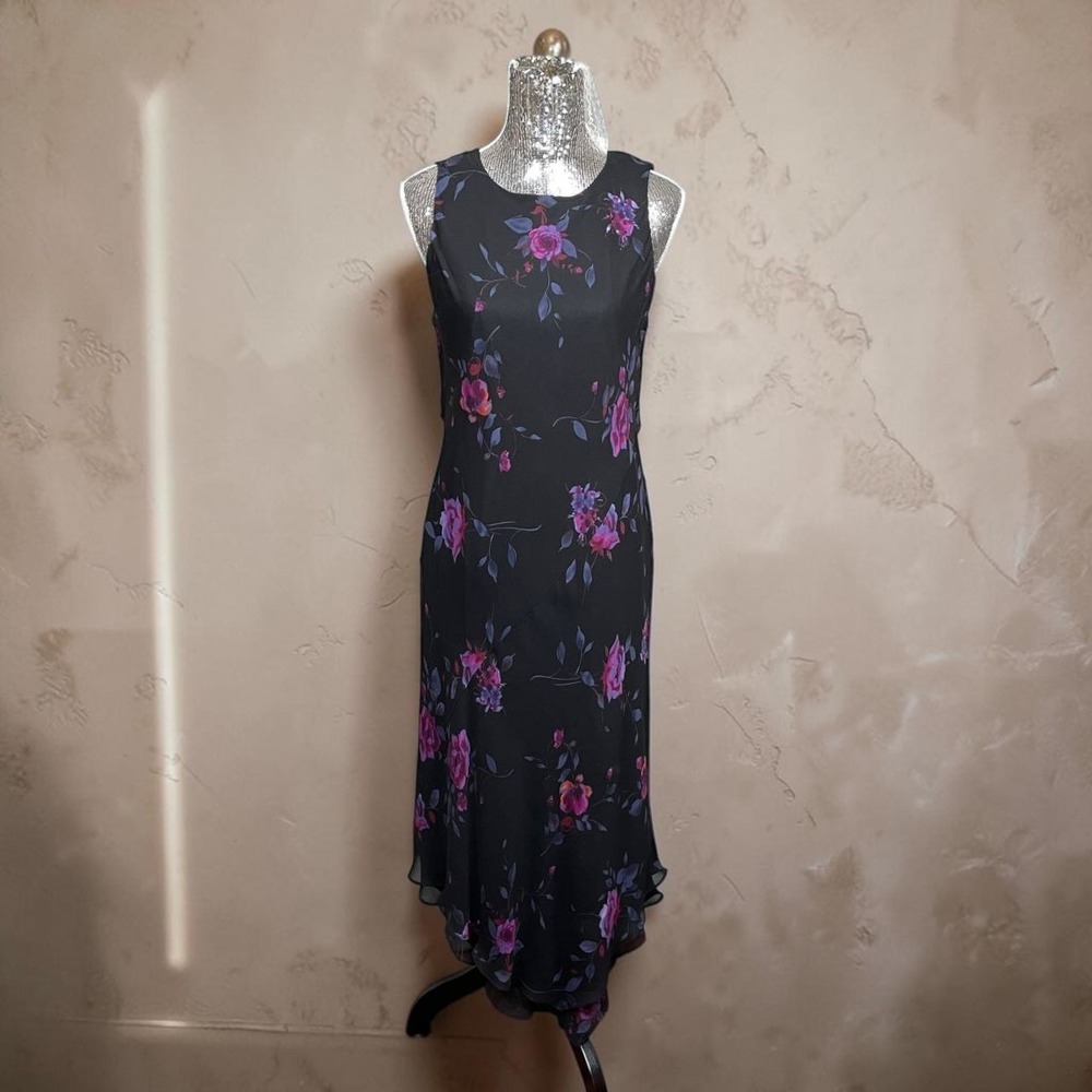 Vintage Y2K Jones New York Silk Floral Handkerchief Hem Maxi Dress Size 14 Party